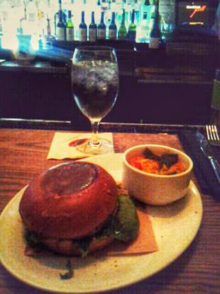 Nick and Sam's Grill. #food salmon burger was well cooked and soft. Chicken tortilla s