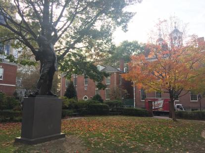 The Signer statue to the left of Independence Hall, location of the signing of the Declara