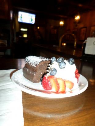 A great chocolate mousse cake at Capitol Pub. Rich and thick cake served with strawberries