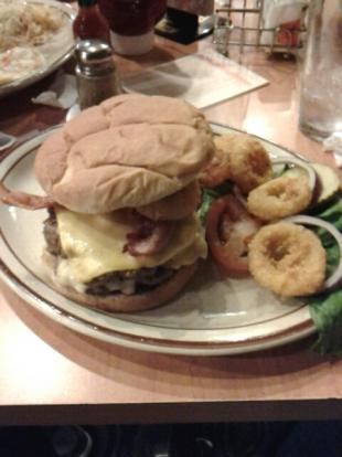  Double  Cheeseburger  with  onion rings at  Village  Inn #food hmm 