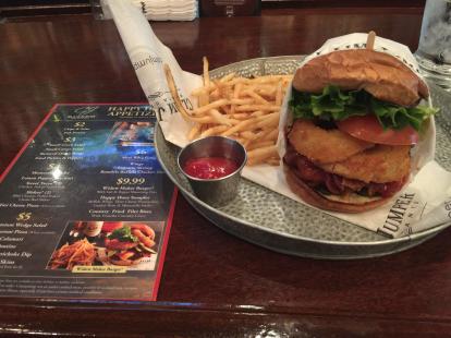 Widow maker burger at Claim Jumpers. $10 during happy hour bacon and onion rings 