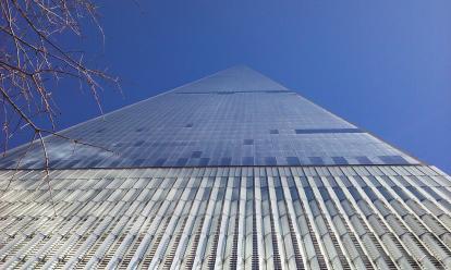 World Trade Center. Looking up the building tapers to a sharp point.