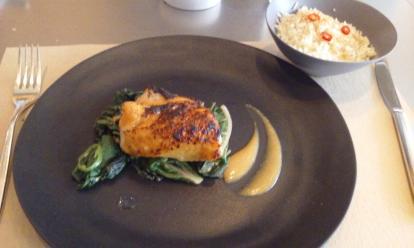 Hake at Jean Georges Nougatine. Cod. Excellent glaze but burned on the top. Bed of vegetab