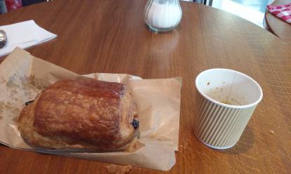 First breakfast in Paris. Chocolate pastry and small coffee at Aux Arts Etc. Across from N