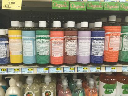 Dr. Bronners pure Castile soap. 16 ounce soap for $10.98 at toucans. Great natural soap. A