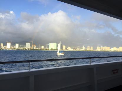 Sailboat and rainbow in Honolulu 